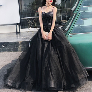 Black Halter Backless Ball Gown Evening Dress Satin Floor Length With Trail Natural Waistline For Banquets Performances - Product Image 2