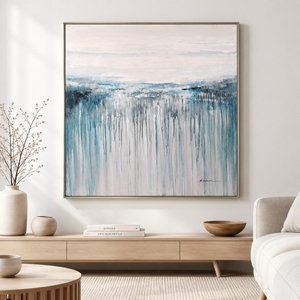Dipinti Murali Astratti Dipinti a Mano con Texture Colorata, Opera d'Arte <span class=keywords><strong>Bianca</strong></span> e Blu con Cornice in <span class=keywords><strong>Legno</strong></span> - Product Image 1