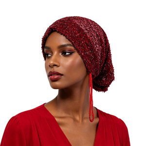 10 Couleurs Nouveauté Turban Malaisien Instantané Riche en Perles et Pompons, Foulard Respirant en Polyester, Hijabs pour Mariages et Banquets pour Femmes - Product Image 2