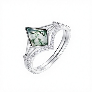 แหวนเงินแท้ 925 ประดับพลอยมอสอาเกตทรงว่าว ดีไซน์ขอบเพชร งานแฮนด์เมดสำหรับผู้หญิง ขายดี พร้อมจัดส่ง 18K - Product Image 4