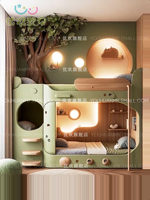 Lit superposé double en bois massif sur mesure Mori Green Tree House pour enfants, design minimaliste, multifonctionnel avec escalier, lit pour frères