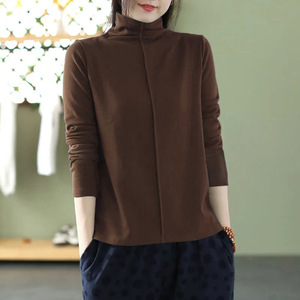 Derong Women's Half High Neck <b>Long</b> <b>Sleeve</b> T-Shirt Beige Ginger Yellow Green Coffee Black Solid Color Splicing <b>Base</b> <b>Layer</b> Slim - Product Image 3