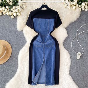 2024 nouveau col rond à manches courtes Patchwork longue en gros été <span class=keywords><strong>chemise</strong></span> <span class=keywords><strong>Jean</strong></span> Denim femmes mode tenue décontractée pour dames - Product Image 3