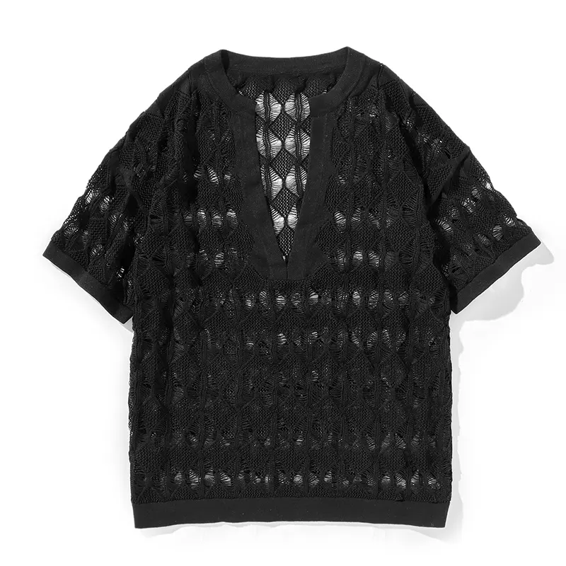 Mimixiong Design personnalisé Logo tricotés de haute qualité maille d'été évider été col en v noir hommes Crochet coton chemise