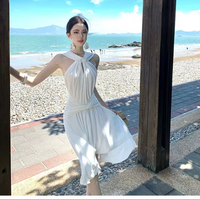 Robe de plage drapée respirante à col en V, longueur midi, tissée unie, style estival décontracté et élégant