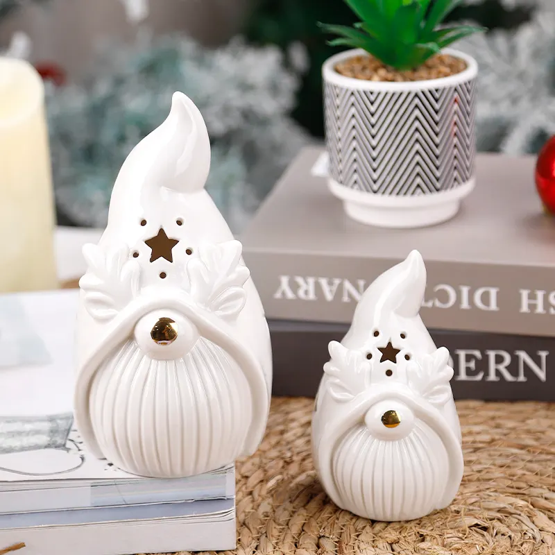 Redeco yüksek kalite sevimli seramik Elf süsler beyaz seramik Gnome süs hediyeler için Led işıkları ile ev dekorasyon