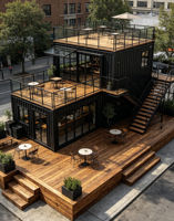 Café-restaurant préfabriqué en conteneur noir à plusieurs niveaux avec plusieurs terrasses pour l'exploitation en extérieur