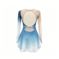 Robe de patinage artistique bleu et blanc dégradé, dos évidé, manches longues en maille, jupe ornée de strass pour enfants et adultes, compétition et performance