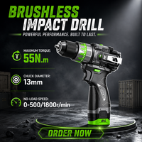 Tnyan outil électrique, 16.8v brushless percussion perceuse électrique, 55n.m torsion perceuse électrique manuelle avec accessoi