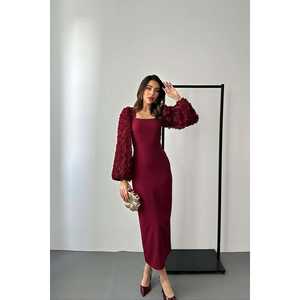 Wholesale Women's Burgundy Satin <b>Floor</b>-<b>Length</b> Evening Dress Floral Sleeves Ball <b>Gown</b> Beautiful Flowers XS XL Available - Product Image 4