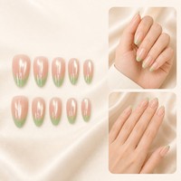 Y199 Kaixin Faux ongles à presser, forme amande conique, effet œil de chat, vert intérieur, French manucure verte, fournitures pour ongles