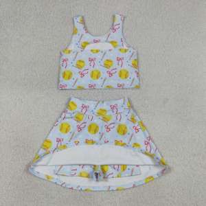 GSD3836 RTS Little active girl blue softball bows print skirt outfits kids wholesale girl child summer sleeveless Yoga set - Product Image 3