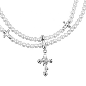 ICEBELA Trendy Luxo Coreano Elegante Plata 925 Sterling <span class=keywords><strong>Silver</strong></span> Chic Dupla Camada Pérola Cadeia Pingente Cruz Colares para As Mulheres - Product Image 3