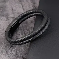 PVD Noir Fermoir Magnétique Double Couche Bracelet En Cuir Tressé Charms Bracelet En Cuir Véritable Main Bijoux Pour Hommes OT-098