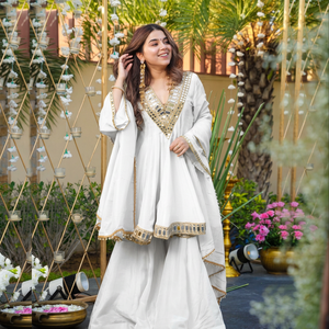 White Chiffon Embroidered Sharara Set With Mirror Work Traditional Indian Ethnic Wear For <b>Wedding</b> Engagement Women - Product Image 6