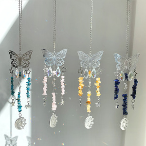 Attrape-soleil papillon fait main, pendentif de jardin, pendentif de voiture, carillon éolien en pierres précieuses et gravier, effet aurore - Product Image 1