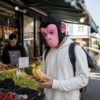 Masque intégral en latex de chimpanzé rose, texture faciale, cheveux noirs épais, grandes oreilles, rides détaillées, doux, confortable, amusant, drôle