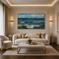 Décoration Murale Luxe Impressionniste Nautique : Tableau Van Gogh Bateau à Voile sur Océan, Cadre en Aluminium Doré Mat