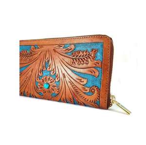 กระเป๋าคลัทช์หนังแท้สีน้ำตาลวินเทจลายดอกไม้ประดับเทอร์ควอยซ์ งานแฮนด์เมด พร้อมซิปปิด ดีไซน์สวยหรู ขายดี - Product Image 2