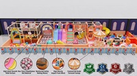 Équipement de jeu intérieur commercial à thème pastel : Toboggan triple à bandes lumineuses, Piscine à balles rose, Fontaine à balles, Carrousel animalier, Piscine à billes