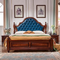 Lit double en bois massif de style américain avec tête de lit capitonnée, ensemble de meubles confortables pour la chambre à coucher, décoration pour la maison, le salon et la chambre.