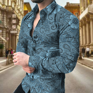 Chemises à manches longues pour hommes, imprimées de dentelle florale bleu sarcelle, décontractées, boutonnées, style hawaïen - Product Image 1