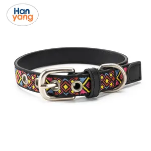 HanYang OEM Embroidered Design dog collar and Leash Set Embroidery fabric dog collar Ethnic Geometric pattern unique pet collar