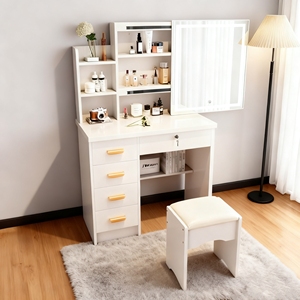 Espejo de tocador compacto para dormitorio <span class=keywords><strong>con</strong></span> almacenamiento oculto, escritorio de maquillaje de lujo moderno y minimalista gabinete de almacenamiento, Unidad de escritorio todo en uno - Product Image 5
