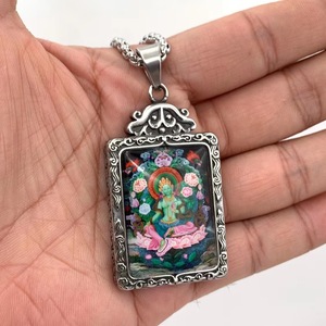 Colgante Thangka de Tara Verde, Collar con Bisel Rectangular de Acero Inoxidable para Hombre y Mujer, Regalo 216040 - Product Image 2