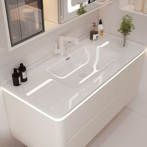 Mueble <span class=keywords><strong>de</strong></span> <span class=keywords><strong>Baño</strong></span> Integrado <span class=keywords><strong>de</strong></span> Cerámica Color Crema con Lavabo <span class=keywords><strong>de</strong></span> <span class=keywords><strong>Vidrio</strong></span>, Lavabo y Mueble <span class=keywords><strong>de</strong></span> Lavabo Simple e Inteligente - Product Image 1
