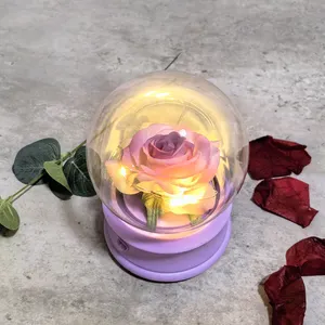 Kotak musik bola kristal kaca hadiah Hari Valentine Natal bunga mawar buatan di kubah kaca dengan hadiah lampu Led untuk ibu wanita
