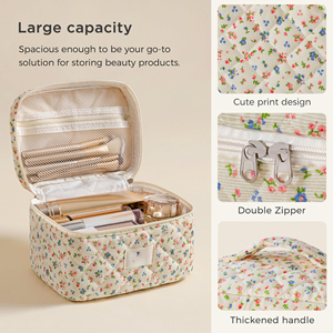 Floral Quilted Make up <b>Bag</b>,Large Cotton Cosmetic <b>Bag</b>,Fashionable Travel Makeup Pouch - Product Image 4