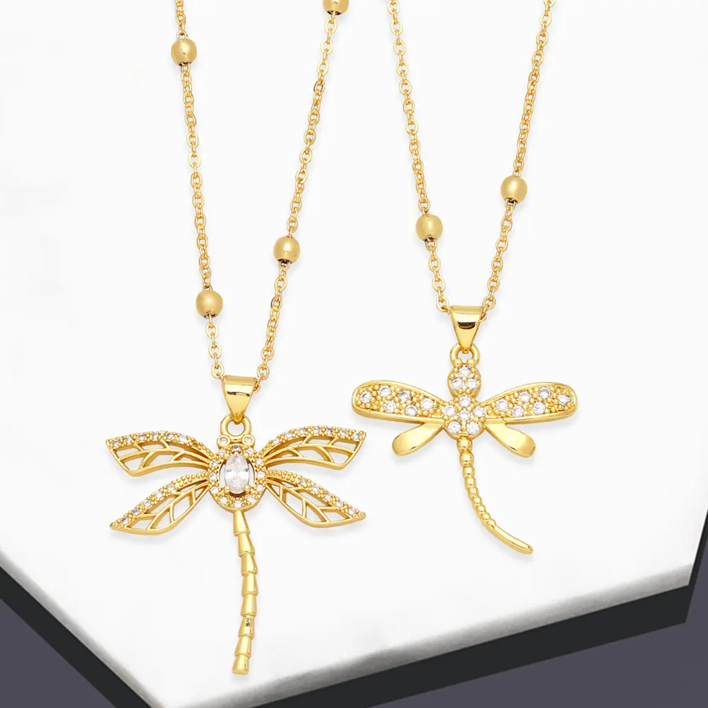 Hot Sale Fashion Pave Zirconia 18K Gold Plated Women Dragonfly Pendant Necklace Brass Beads Clavicle Chain Jewelry Accessories