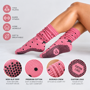 Custom Pink Black <b>Spot</b> Scrunch Crew Pilates Yoga Grip Socks Silicone <b>Dot</b> Non Slip Slouch Socks for Women OEM - Product Image 1