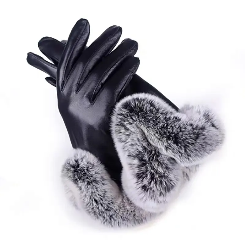 Перчатки из искусственной кожи для сенсорного экрана мобильного телефона, Осень-зима, теплые варежки из кроличьего меха для женщин и мужчин, черные кожаные перчатки