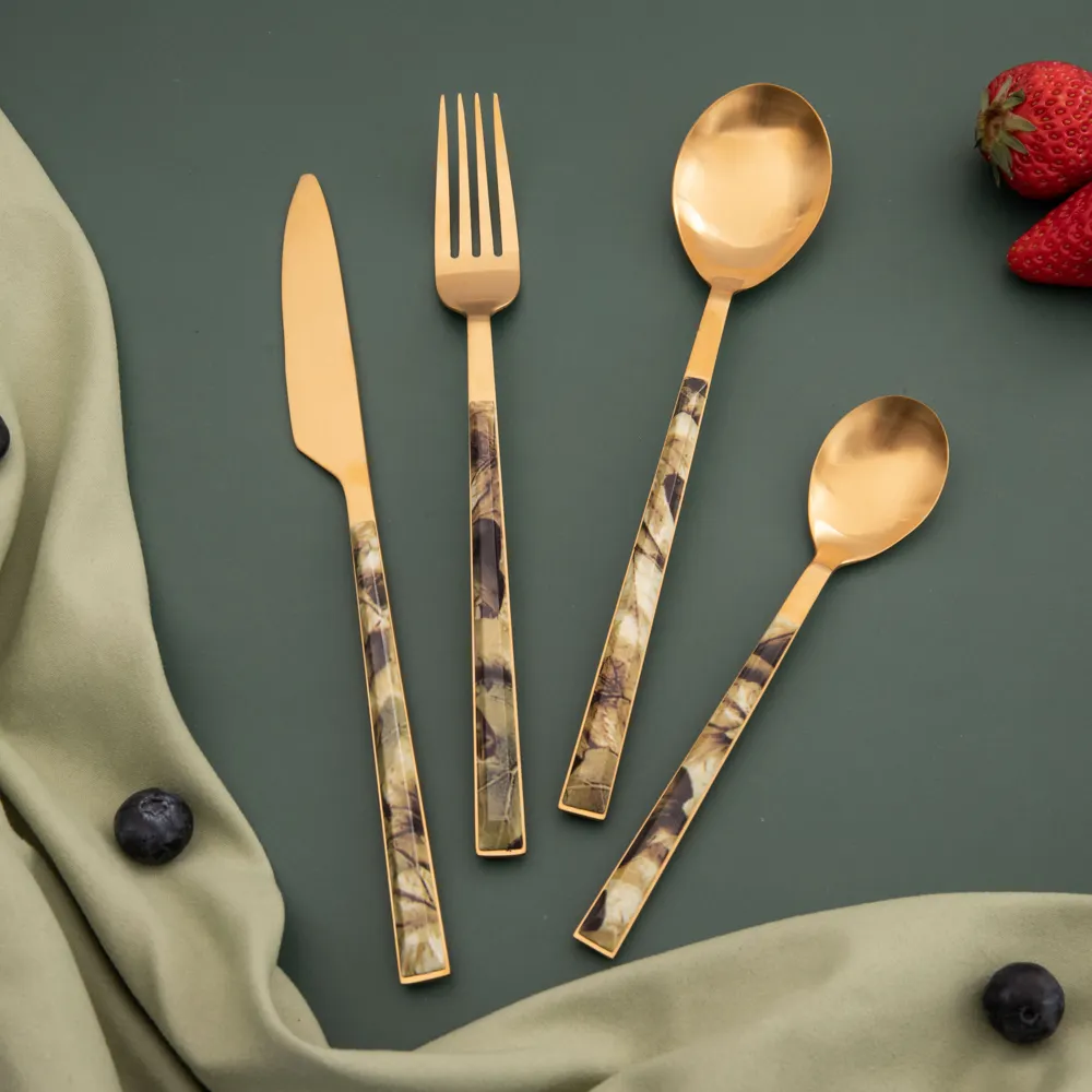 Bán Buôn Kim Loại Trà Cà Phê Silverware 24 Cái Đen Tráng Miệng Nhà Bếp Flatware Set Vàng Dao Kéo Thép Không Gỉ Fork Và Spoon