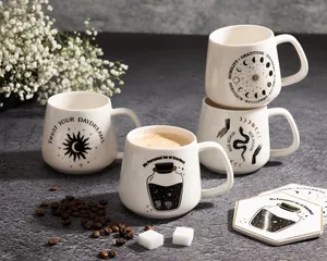 360ml 12oz OEM customize nordic pottery cup horoscope matt ceramic clay mug with cup mat bulk packing set of 4