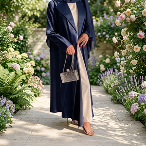 Élégante Abaya en Soie Bleu Marine à Col Châle, Manches Longues, Longueur Ras du Sol, Robe Modeste Infroissable pour Femme, Usage Quotidien Toutes Saisons - Product Image 2