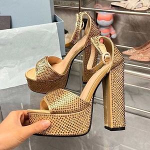 Rhinestone Ankle Strap Heeled Wedge Summer Women Ankle Strap Chunky Heel Pumps Anti-Slippery Fashion Elegant High Heeled <b>Shoes</b> - Product Image 2