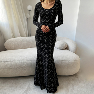 European American Style Elegant Rhinestone Print Long Sleeve Dress Sparkly Sequins U Neck Mermaid Hem Dress - Product Image 5