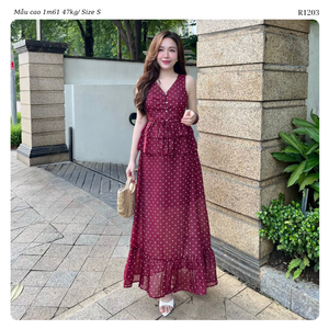 Women’s Polka Dot Chiffon Two Piece Set V Neck Peplum <b>Top</b> <b>Flowy</b> Maxi Skirt Co Ord Set OEM ODM Wholesale Vietnam Manufacturer - Product Image 6