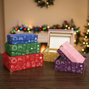 Christmas Storage Boxes Set With Holiday Patterns In Red <b>Green</b> Blue Pink Purple Colors For Gift Wrapping And Decorations - Product Image 3