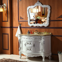 Meuble de salle de bain sur pied en bois massif de style européen avec vasque en céramique, miroir intelligent et motifs sculptés, taille personnalisable
