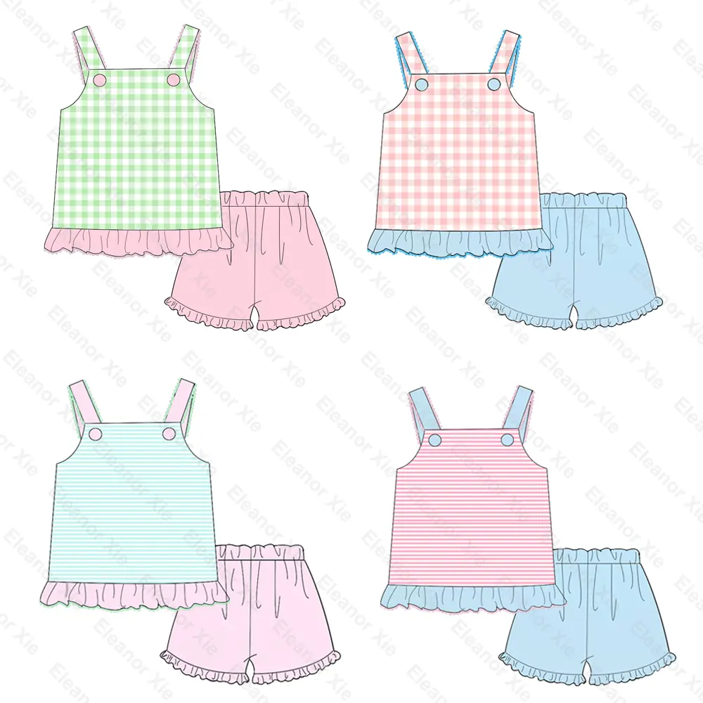 夏のキッズガールズ刺繍ショートセットチェックコットンシャツとショーツベビー幼児ガールズ服セット