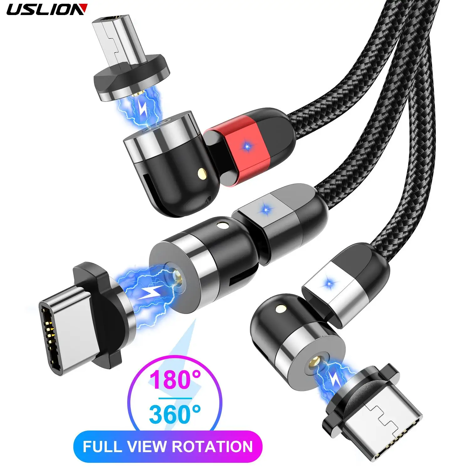 USLION 1M Cabo de Carregamento magnético 3 em 1 USB de 540 graus com rotação tipo C Cabo de Carregamento rápido Micro USB para Celular