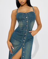 Robe longue en jean délavé teinté pour femme, style bustier boutonné, avec fente haute, Vêtements pour femme, Vente en gros, Vêtements rétro