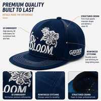 Gorra Snapback Azul Marino con Bordado Floral 3D Premium, Ajuste Estructurado, Estilo Urbano, con Letras Bloom Personalizadas