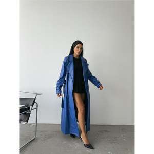 Manteau trench en cuir véritable bleu marine pour femme, long, à simple boutonnage, avec rembourrage en coton, imprimé, imperméable, pour la saison d'automne - Product Image 2