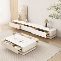 Meuble TV Luxe Léger Simple et Ensemble Table Basse Style Wabi-Sabi en Roche Dalle Blanche, Meuble de Salon au Sol