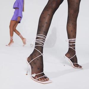 <span class=keywords><strong>Sandalias</strong></span> de piel sintética para mujer y mujer, zapatos de tacón de aguja metalizado con punta cuadrada y diamantes de imitación, con cordones - Product Image 2